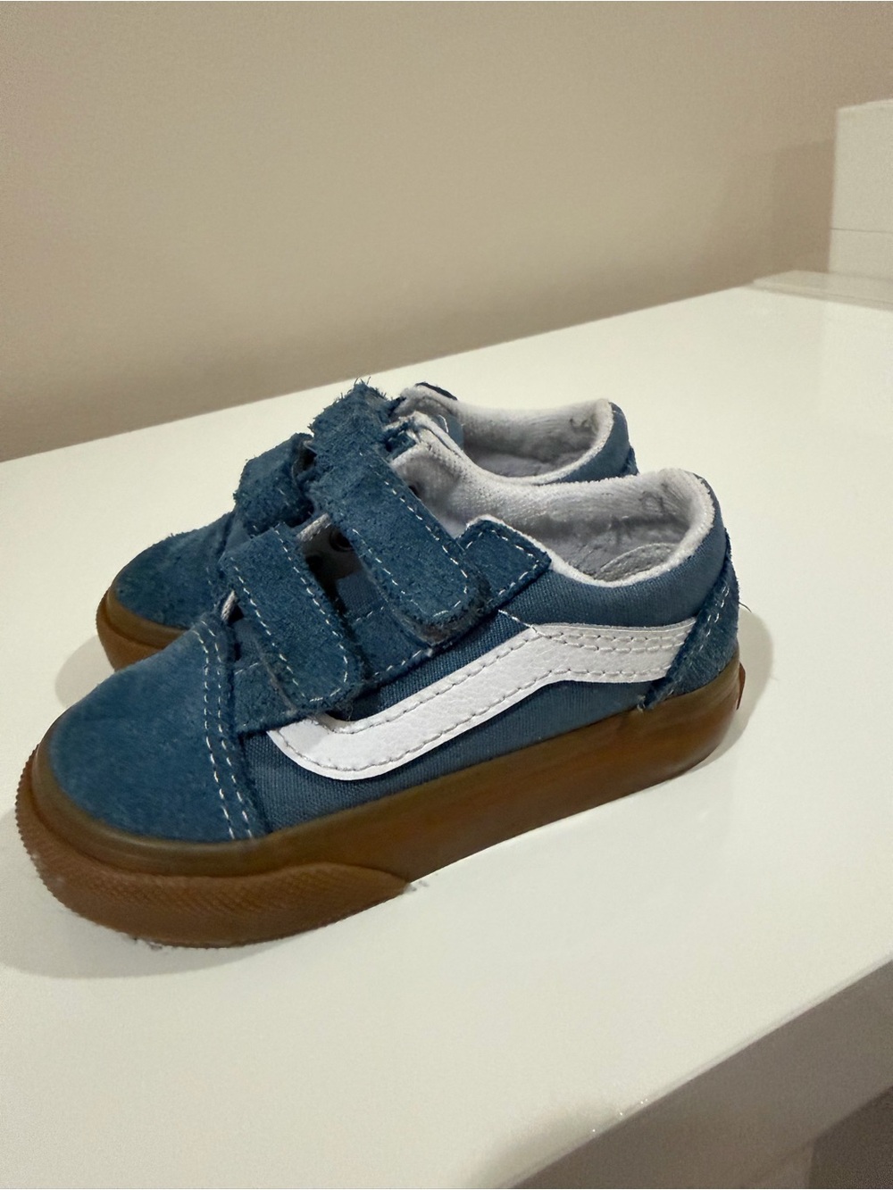 Vans Kids Blue Canvas Velcro Sneakers with White Stripe and Gum Sole